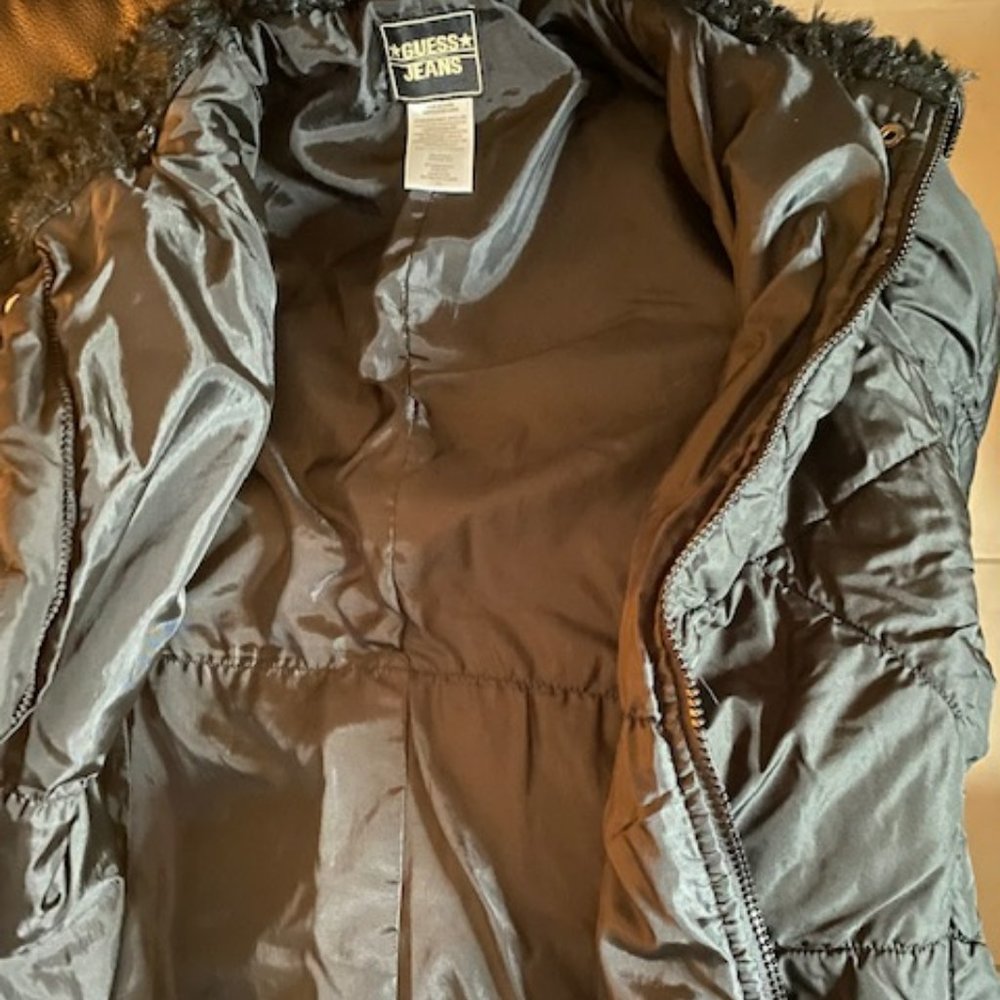 Guess Jeans Black Puffer Faux Fur Jacket Sz Small - Picture 3 of 4